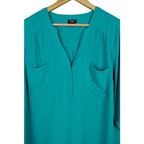 TORRID HARPER TEAL GEORGETTE PULLOVER 3/4 SLEEVE BLOUSE - Picture 4 of 8